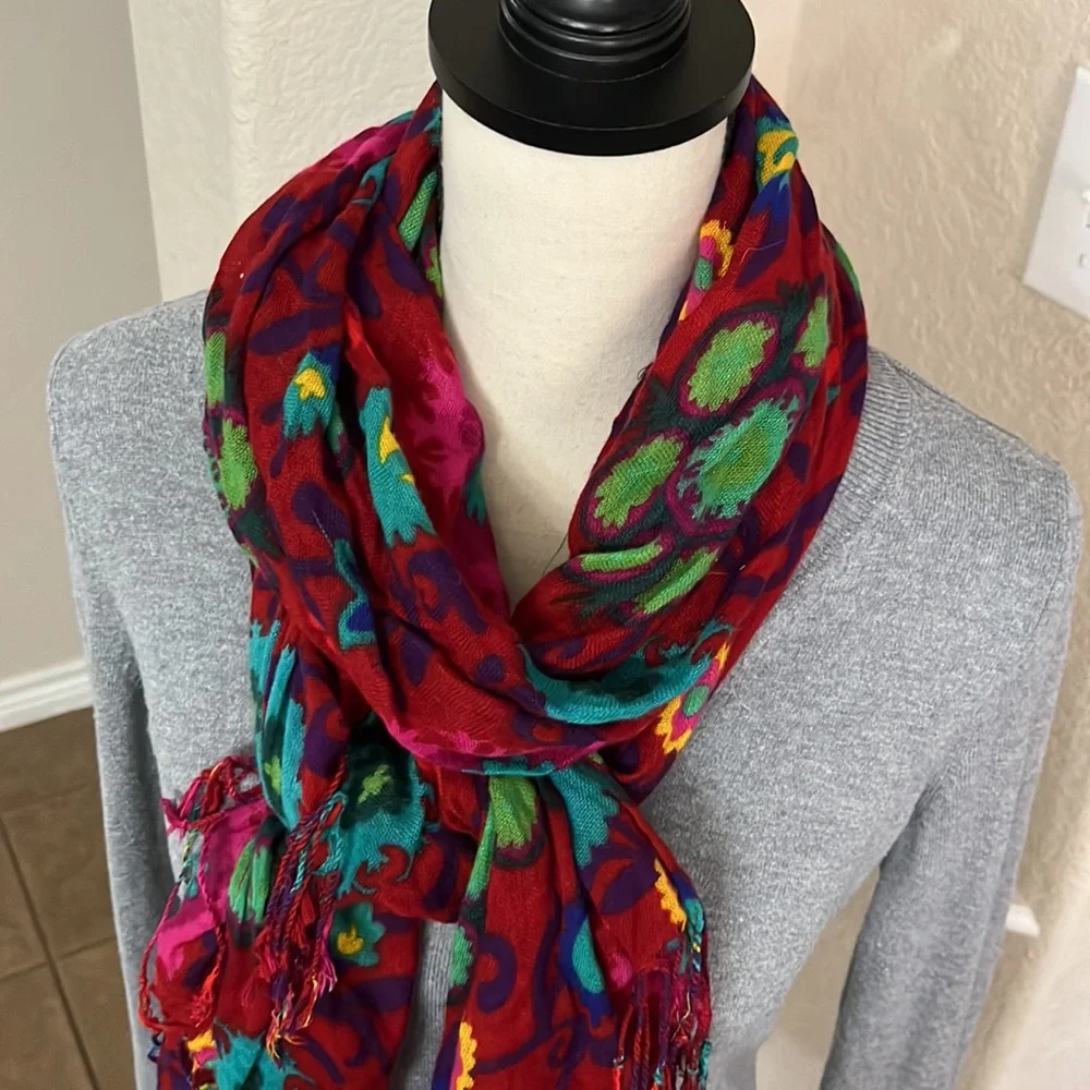 Red floral with fringe scarf
